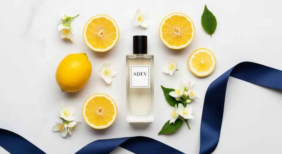 Foto flat lay botol parfum Adev dikelilingi bunga kuning dan kain biru navy dengan komposisi rule of thirds.