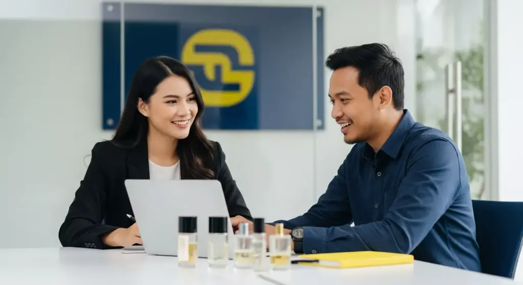 Konsultan ahli Adev sedang berdiskusi ramah dengan klien calon pengusaha parfum di kantor modern yang terang.