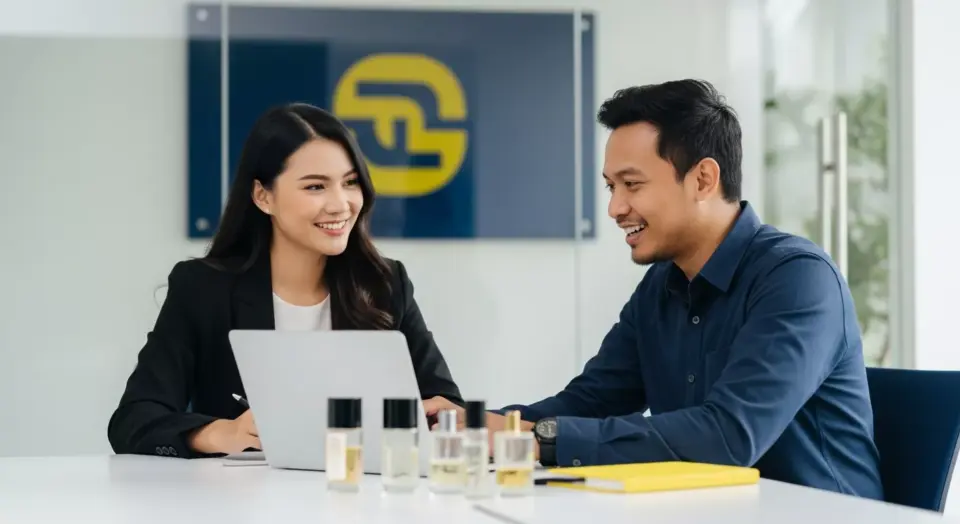 Konsultan ahli Adev sedang berdiskusi ramah dengan klien calon pengusaha parfum di kantor modern yang terang.
