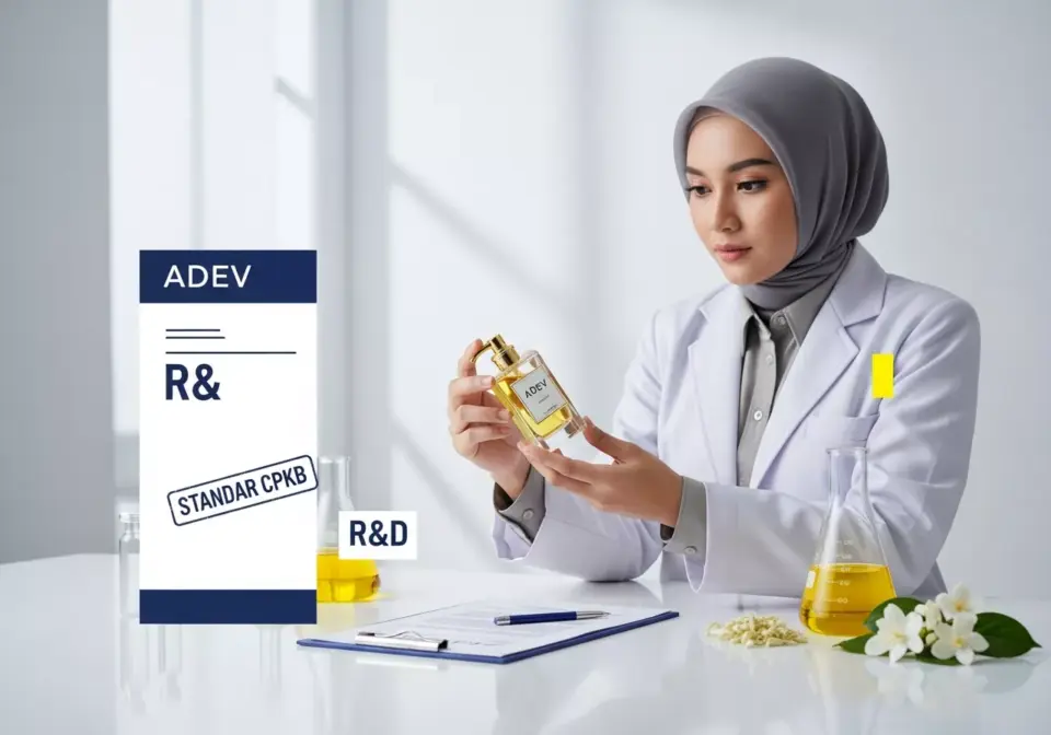 Ilmuwan kosmetik wanita di laboratorium Adev sedang memeriksa kualitas botol parfum, dikelilingi dokumen standar CPKB BPOM dan bahan formulasi R&D untuk menjamin keamanan produk.