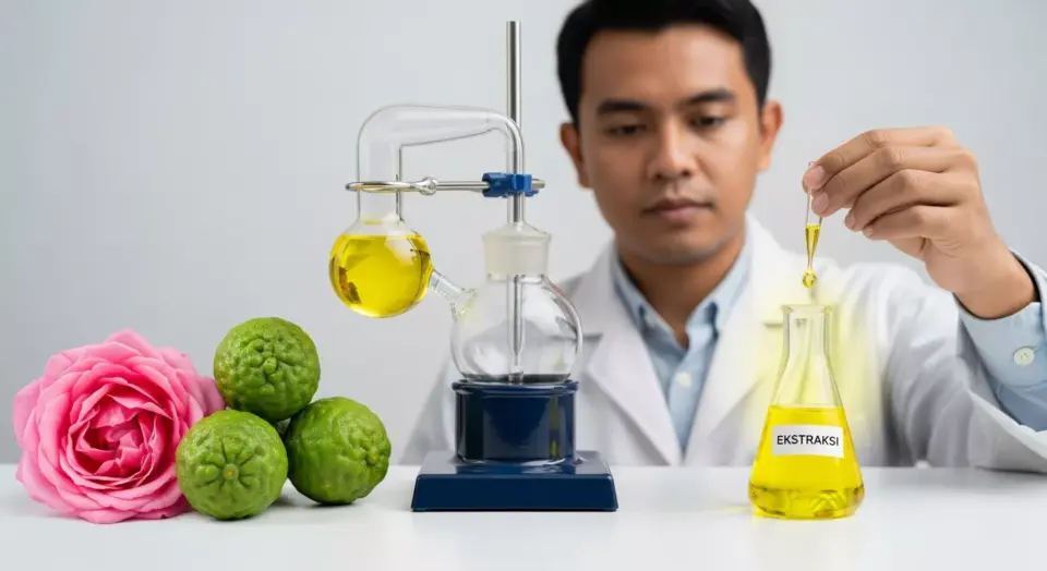 Ilustrasi fotorealistik proses ekstraksi minyak atsiri parfum di laboratorium Adev, menampilkan metode distilasi uap dari bahan baku bunga murni menjadi bibit parfum berkualitas tinggi.