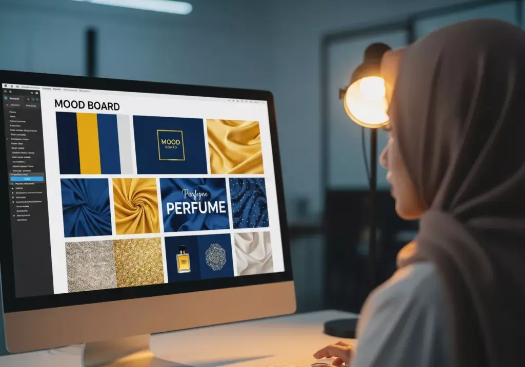 Desainer wanita berhijab sedang melihat mood board inspirasi desain kemasan parfum di layar komputer.