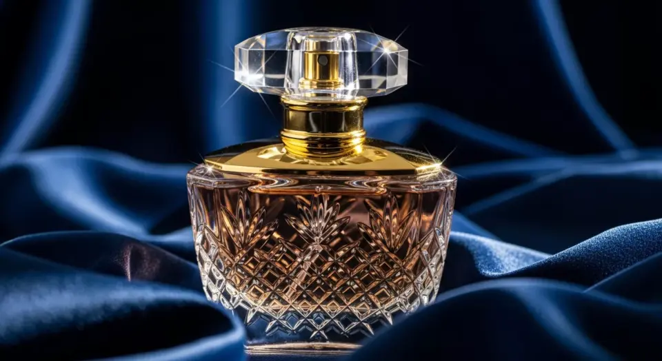Botol parfum kristal mewah dengan tutup emas di atas kain beludru biru navy, memberikan kesan mahal dan eksklusif.