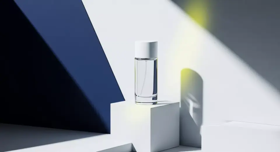 Botol parfum kaca bening desain minimalis di atas podium putih dengan pencahayaan artistik dan bayangan tegas, nuansa modern.