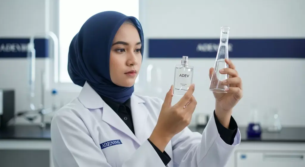 Ilmuwan kosmetik wanita Indonesia berhijab sedang meneliti formulasi parfum di laboratorium modern Adev.