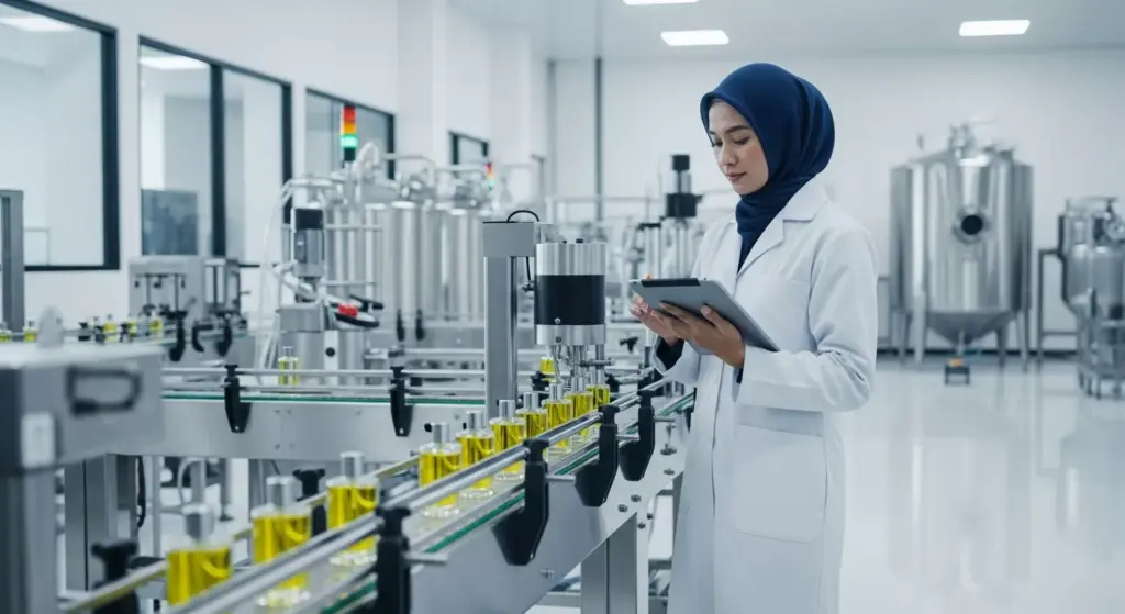 Fasilitas produksi pabrik maklon parfum modern berstandar CPKB, menampilkan teknisi ahli dengan seragam profesional sedang mengawasi mesin filling botol parfum otomatis.