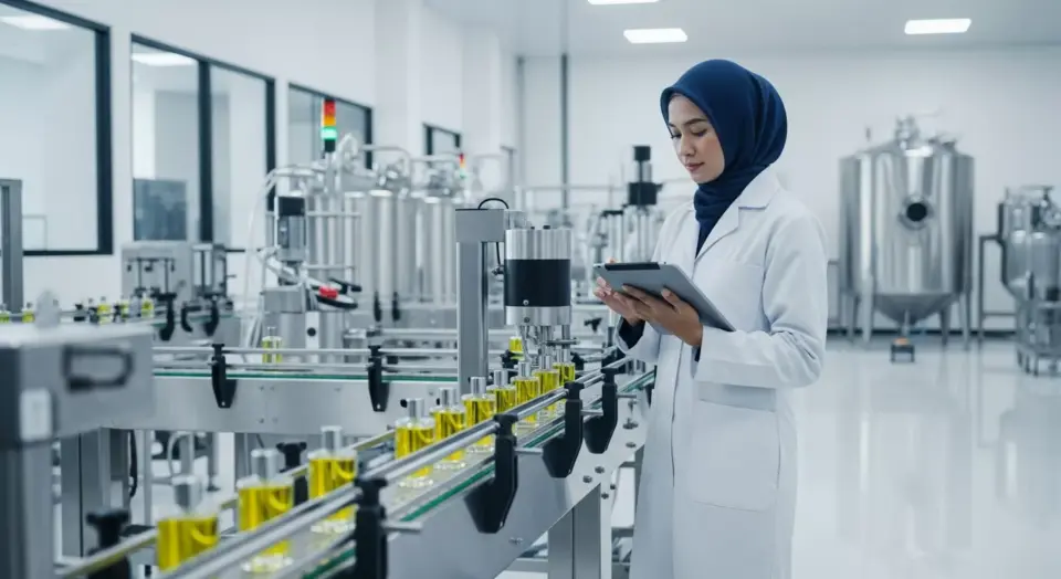 Fasilitas produksi pabrik maklon parfum modern berstandar CPKB, menampilkan teknisi ahli dengan seragam profesional sedang mengawasi mesin filling botol parfum otomatis.