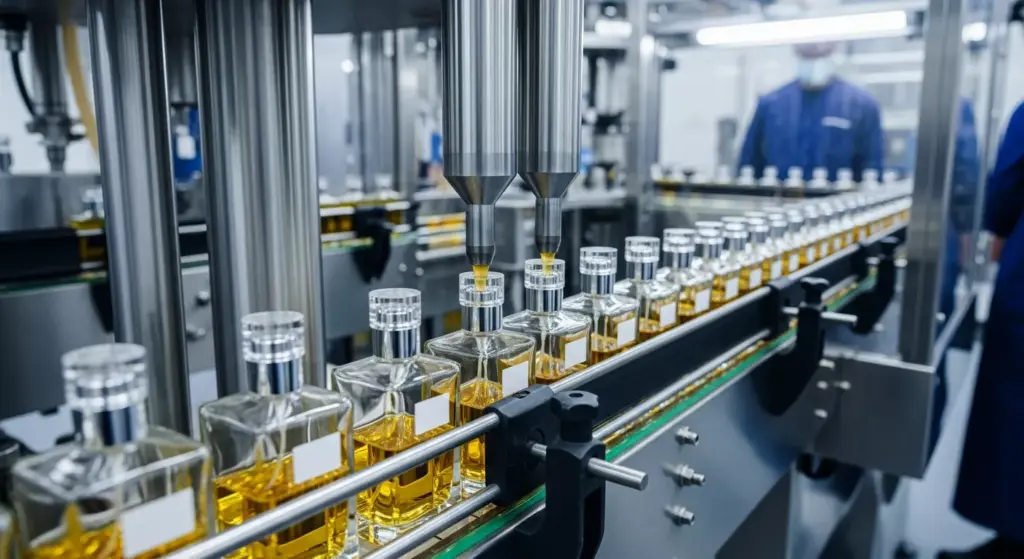 Mesin pengisi parfum otomatis (filling machine) yang sedang memproduksi ribuan botol parfum di fasilitas pabrik bersih standar CPKB.