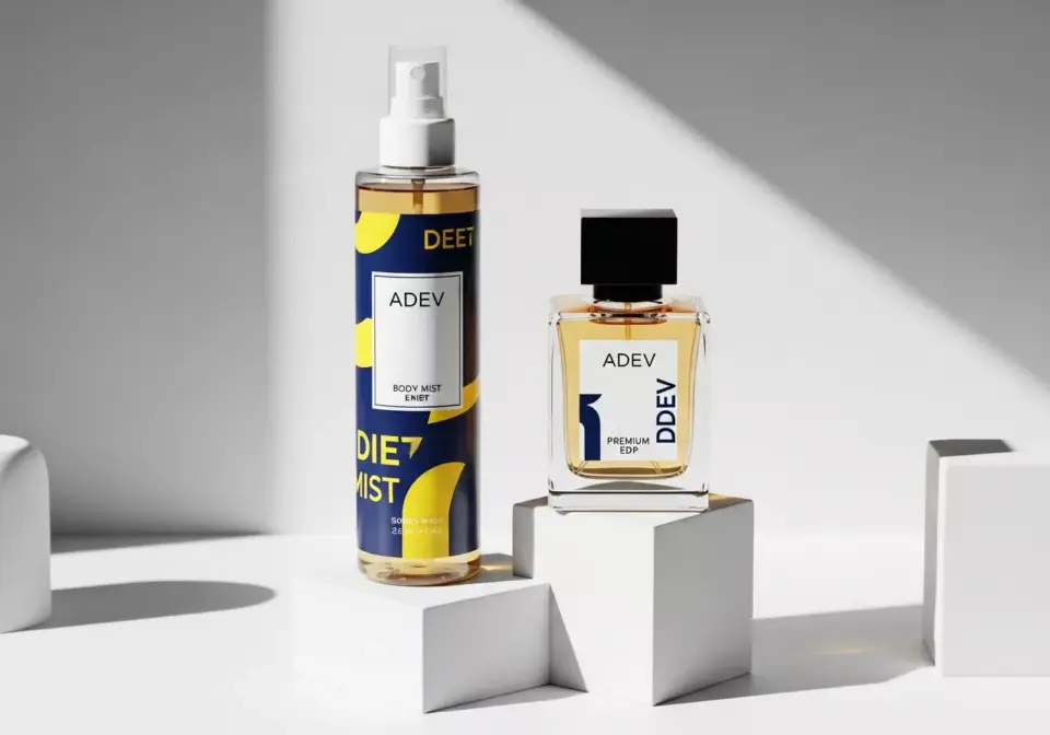 Contoh paket produk wewangian berisi botol parfum EDP dan body mist dengan desain label brand yang sama.