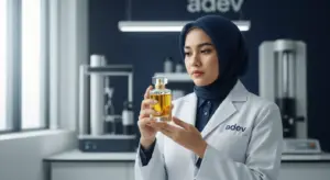 Seorang perfumer wanita Indonesia berhijab sedang meneliti botol parfum custom di laboratorium modern Adev dengan nuansa biru navy dan kuning.