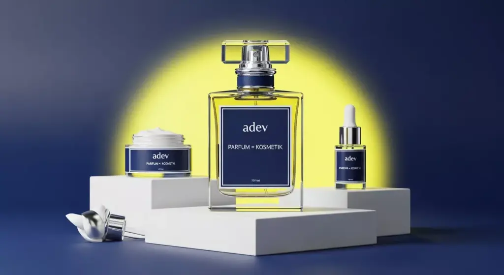 Botol parfum elegan dengan label Adev dikelilingi produk kosmetik lain di atas podium putih dengan aksen biru navy dan kuning.