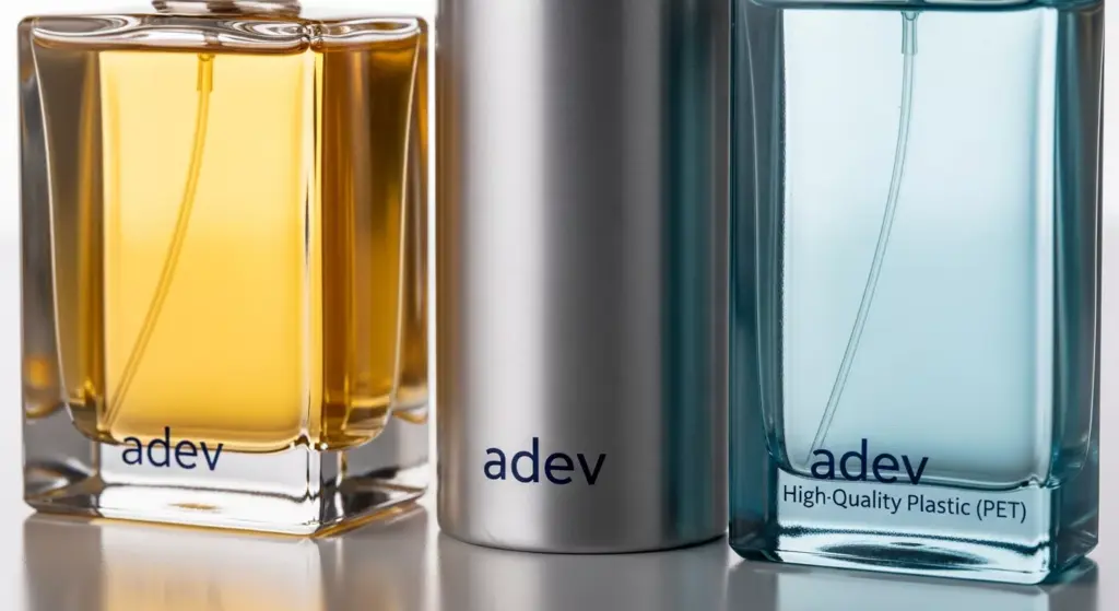 Close-up tiga jenis botol parfum berbeda material: kaca bening mewah, aluminium matte modern, dan plastik PET glossy, tersusun artistik.