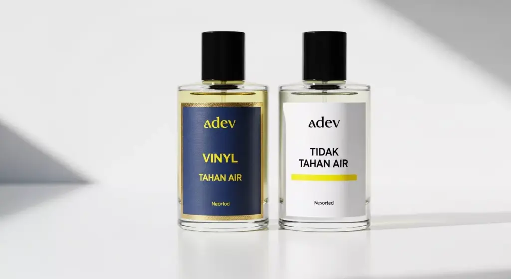 Perbandingan visual material stiker label parfum antara vinyl yang tahan air dan kertas biasa pada botol kaca.