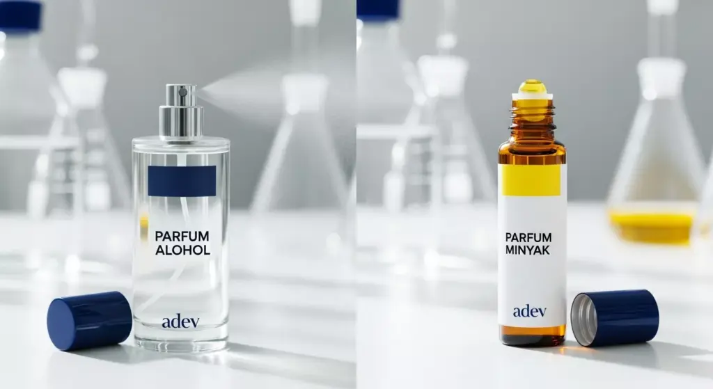 Perbandingan visual botol parfum spray berbasis alkohol dan botol roll-on berbasis minyak di laboratorium Adev.