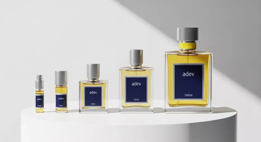 Jejeran empat botol parfum kaca dengan ukuran berbeda mulai dari 10ml, 30ml, 50ml, hingga 100ml di atas meja putih.