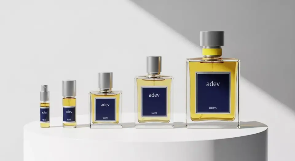 Jejeran empat botol parfum kaca dengan ukuran berbeda mulai dari 10ml, 30ml, 50ml, hingga 100ml di atas meja putih.