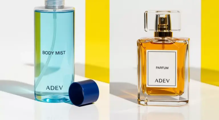 Perbandingan visual botol body mist plastik besar dan botol parfum kaca elegan buatan Adev.