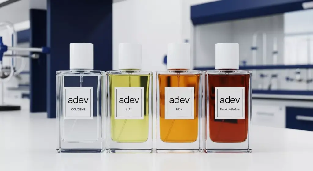 Empat botol parfum Adev dengan tingkat kepekatan warna cairan berbeda yang menunjukkan level konsentrasi.