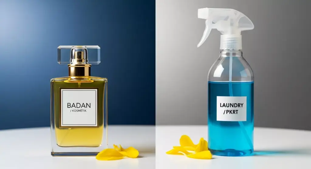 Perbandingan visual antara botol parfum badan yang elegan dan botol semprot laundry di atas meja laboratorium bersih.