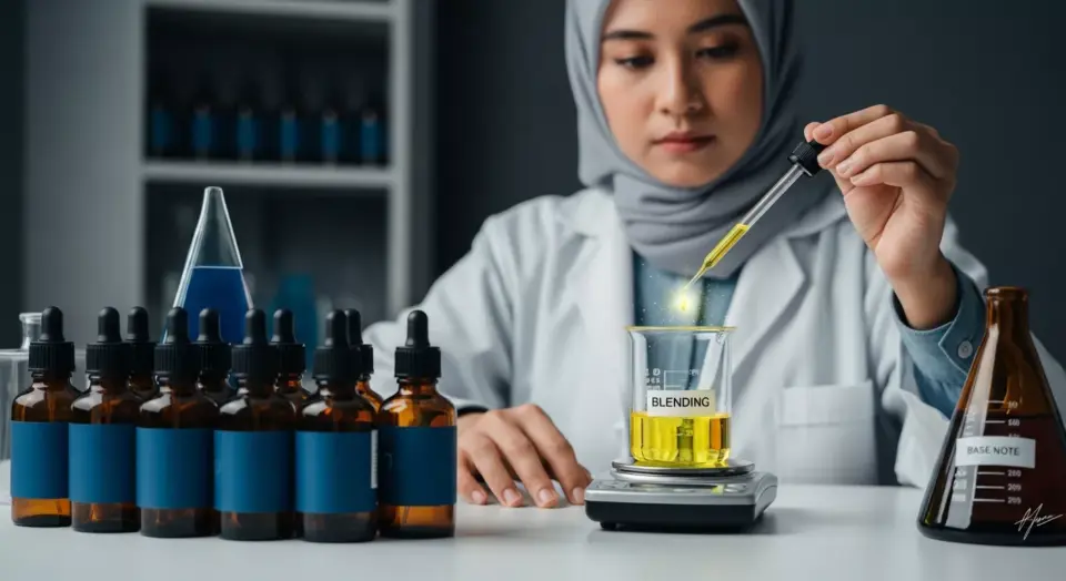 Visualisasi proses blending atau pencampuran formula parfum oleh formulator ahli Adev, meneteskan minyak esensial dengan presisi menggunakan pipet ke dalam gelas ukur di atas timbangan digital untuk menciptakan komposisi wangi yang akurat.