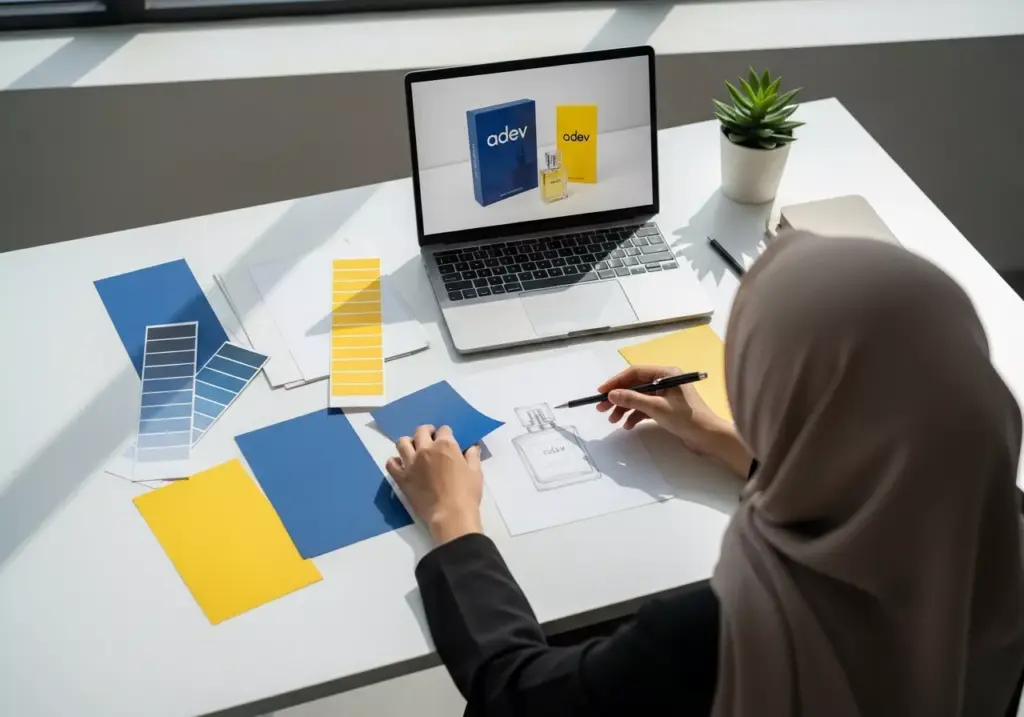 Desainer grafis wanita berhijab sedang menyusun mood board desain kemasan parfum dengan palet warna biru dan kuning di meja kerja modern.
