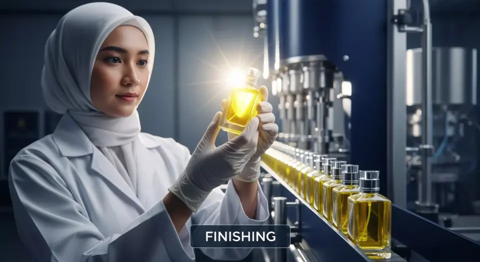 Visualisasi tahap finishing dan quality control akhir di pabrik Adev, menampilkan staf ahli memeriksa kejernihan cairan parfum dalam botol kaca mewah sebelum proses pengemasan dan distribusi.