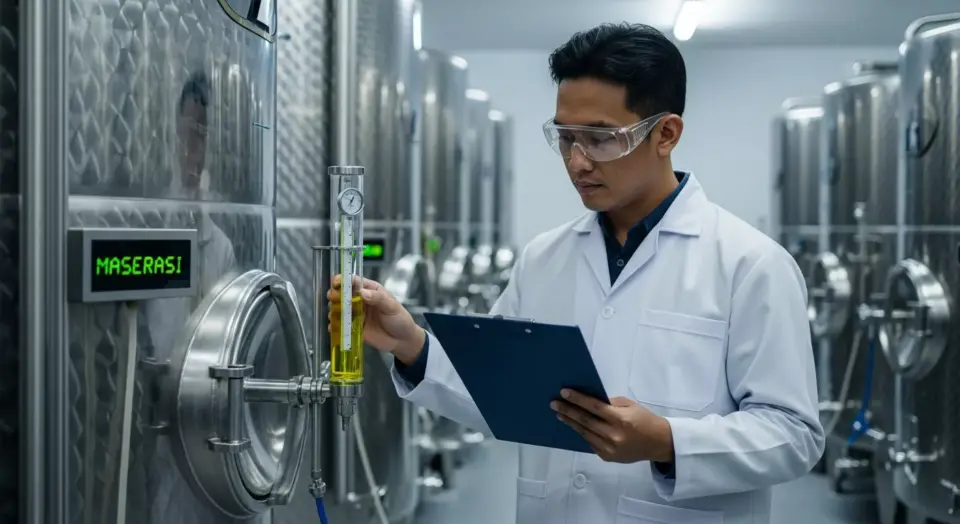  Visualisasi proses maserasi atau pematangan parfum di dalam tangki stainless steel steril di pabrik Adev, diawasi oleh staf QC untuk memastikan penyatuan aroma dan kestabilan cairan.