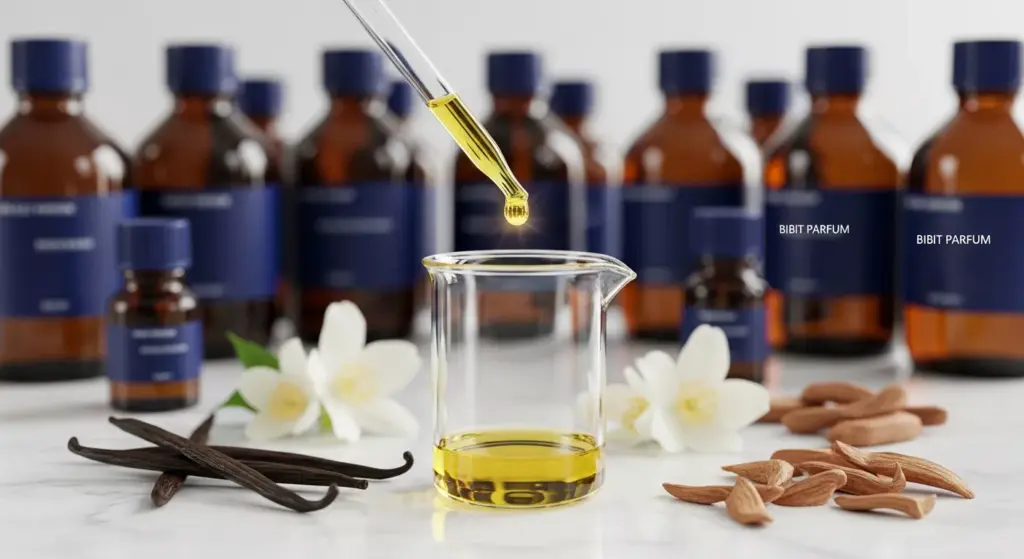 Fotografi makro laboratorium parfum menampilkan pipet kaca meneteskan minyak esensial emas ke dalam tabung reaksi, dikelilingi bahan baku alami dan botol reagen berwarna gelap.