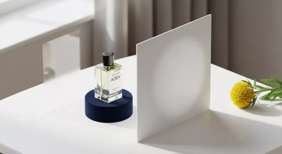  Setup fotografi parfum menggunakan cahaya jendela dan reflektor kertas putih untuk mengisi bayangan pada botol Adev.