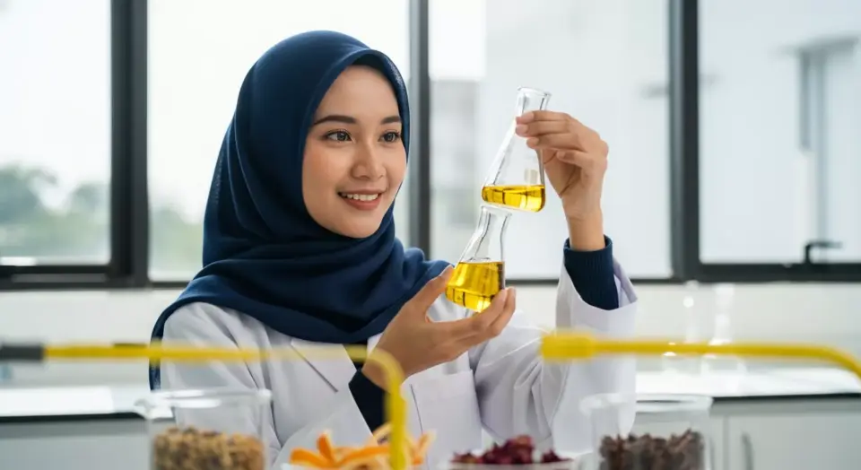 Ilmuwan kosmetik wanita Indonesia di laboratorium Adev sedang memformulasikan parfum.