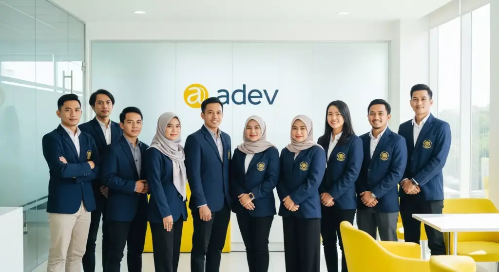 Tim konsultan dan legal Adev berdiskusi dengan klien di kantor modern yang cerah dengan nuansa biru dan kuning.