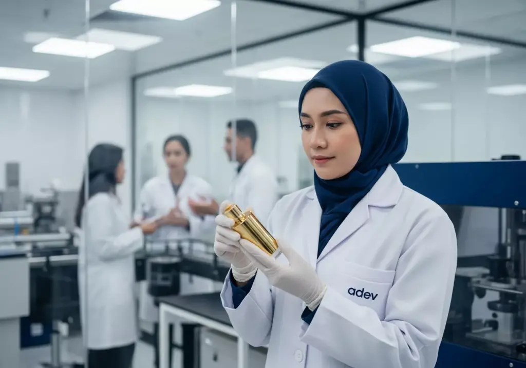 Ilmuwan kosmetik wanita Indonesia berhijab sedang memeriksa kualitas botol parfum di laboratorium modern Adev.