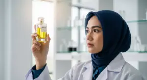 Seorang ahli formulasi kosmetik wanita Indonesia berhijab sedang memeriksa kualitas botol parfum kaca di laboratorium modern Adev.