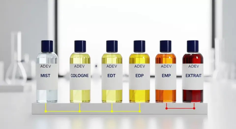 Infografis botol parfum berjejer menunjukkan urutan konsentrasi dari body mist hingga extrait de parfum.