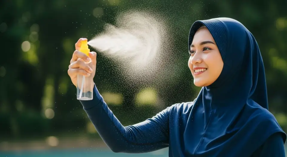 Wanita Indonesia berhijab pakaian olahraga menyemprotkan body mist untuk kesegaran setelah beraktivitas.