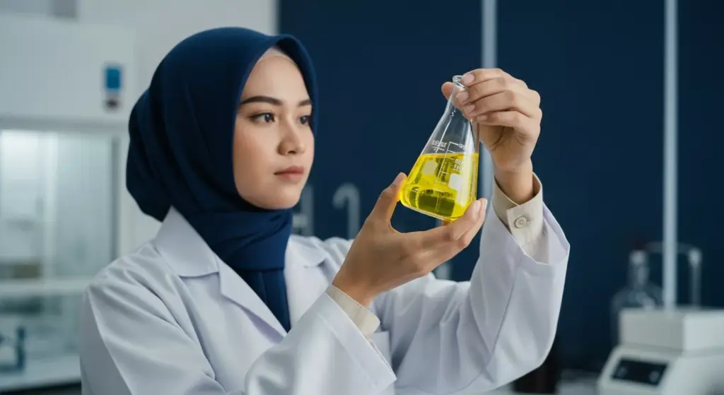 Ilmuwan kosmetik wanita Indonesia berhijab sedang meneliti formula sabun di laboratorium modern.