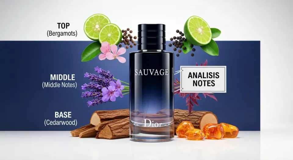 Infografis analisis notes parfum ala Dior Sauvage, menampilkan botol parfum biru gelap dikelilingi bahan bergamot (top), lavender (middle), dan kayu cedar (base).
