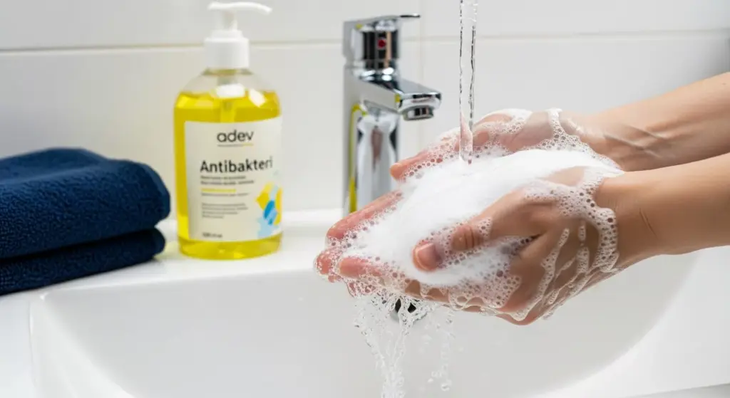 Tangan yang sedang mencuci dengan busa sabun melimpah di bawah air mengalir, merepresentasikan perlindungan bahan aktif sabun antibakteri.