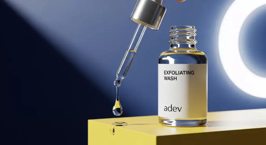 Botol serum sabun eksfoliasi dengan pipet meneteskan cairan bening, merepresentasikan bahan aktif sabun AHA BHA.