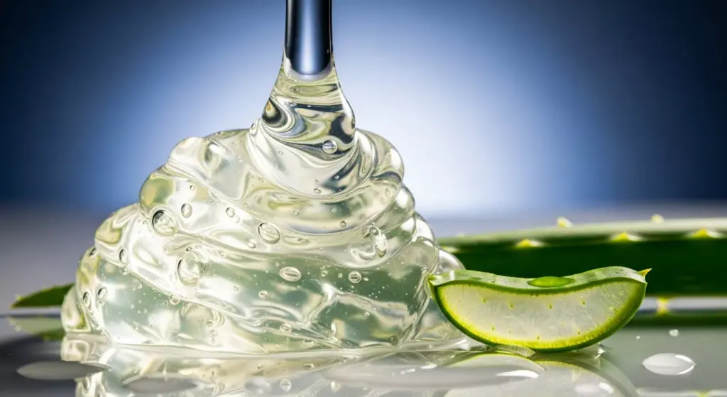 Tekstur sabun cair yang kental dan transparan dengan potongan lidah buaya segar, menunjukkan khasiat bahan aktif sabun pelembab.
