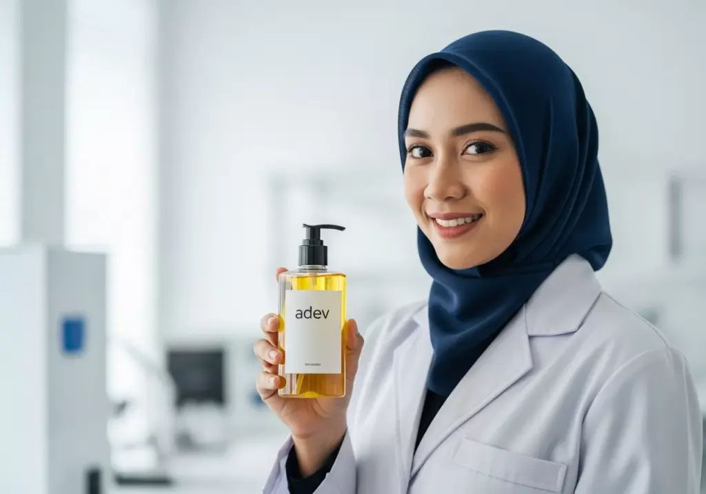 Seorang ilmuwan kosmetik wanita Indonesia berhijab di laboratorium modern sedang memegang botol sabun premium berlabel adev, dikelilingi bahan aktif sabun alami.