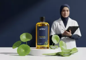bahan antiseptik sabun - Botol sabun antiseptik premium dengan bahan alami ekstrak daun pegagan di laboratorium modern.