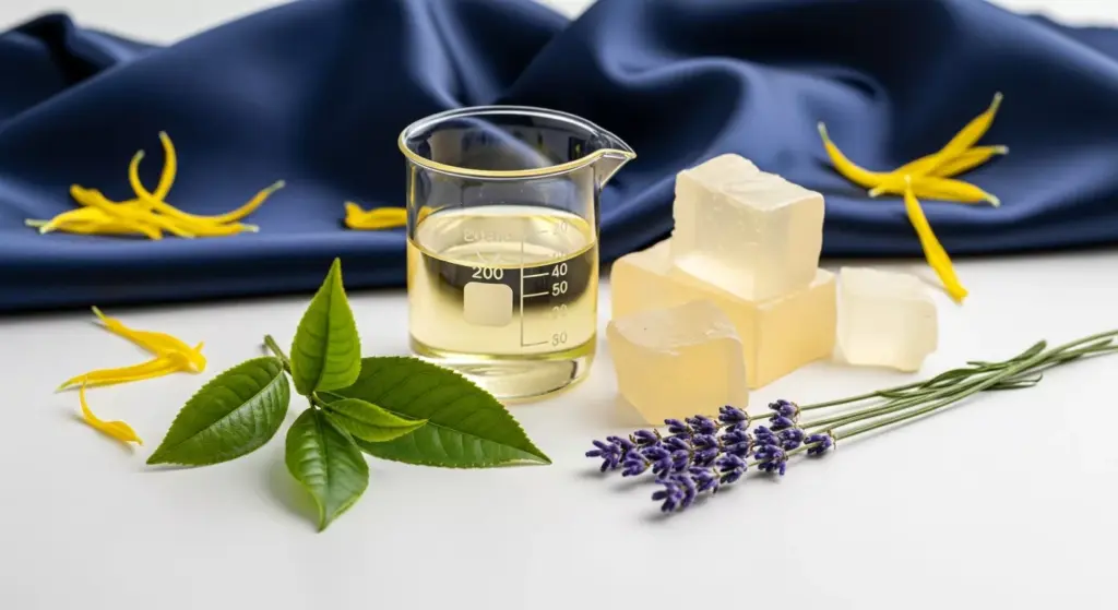 Komposisi bahan baku sabun seperti minyak nabati dan ekstrak herbal sebagai komponen biaya variabel.