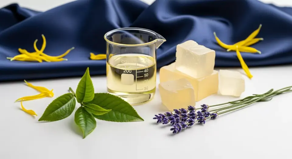 Komposisi bahan baku sabun seperti minyak nabati dan ekstrak herbal sebagai komponen biaya variabel.