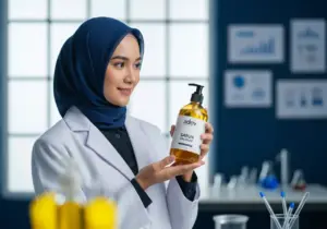 Ilmuwan kosmetik wanita berhijab memegang botol sabun premium Adev di laboratorium modern, ilustrasi biaya izin produksi sabun.