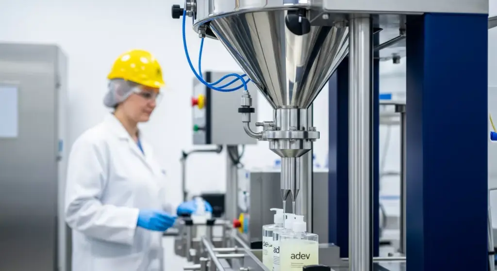 Proses produksi sabun cair menggunakan mesin filling otomatis di pabrik maklon PT Adev.