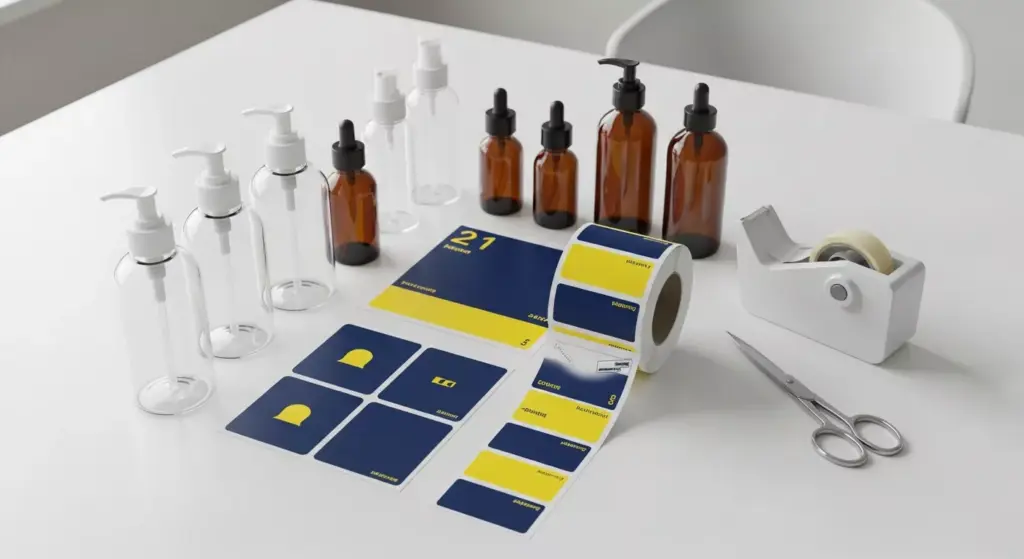 Berbagai jenis kemasan botol sabun dan label stiker di atas meja kerja desain.
