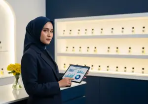 Pengusaha wanita Indonesia berhijab sedang merencanakan anggaran biaya membuka toko parfum di dalam butik modern.