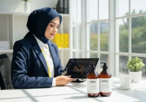 Pengusaha wanita Indonesia berhijab sedang menghitung biaya variabel usaha sabun dengan botol produk skincare brand adev di meja.