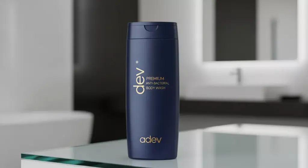 Botol sabun mandi cair anti-bakteri dengan desain premium berwarna navy.